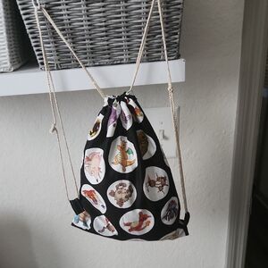 Black Drawstring Backpack with Cartoon Print